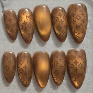 Metallic Press-On Nails with Luxury designer Inspired Logo Pattern